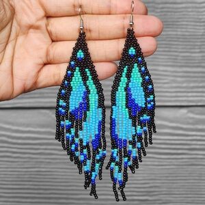 Butterfly Boho Beaded Fringe Earrings Handmade Black Statement Jewelry Boheme